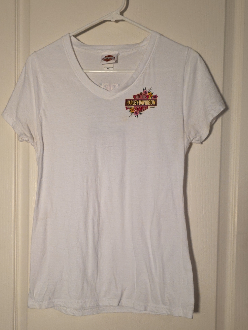 Harley-Davidson White V-Neck. Surf City Harley Davidson. Huntington Beach, Ca. M